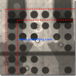 BGA錫球尺寸小于0.4mm，采用降低BGA內(nèi)圍襲球的錫膏量所得到X-Ray，稍微留意一下可以發(fā)現(xiàn)最外圈的錫量(圓的直徑)比其他內(nèi)圍的錫球上的錫量來(lái)得多一點(diǎn)點(diǎn)。也就是外圈的黑色圓形直徑比內(nèi)圈的圓形來(lái)得大一點(diǎn)點(diǎn)。