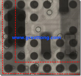 BGA錫球尺寸小于0.4mm，采用降低BGA內(nèi)圍襲球的錫膏量所得到X-Ray，稍微留意一下可以發(fā)現(xiàn)最外圈的錫量(圓的直徑)比其他內(nèi)圍的錫球上的錫量來(lái)得多一點(diǎn)點(diǎn)。也就是外圈的黑色圓形直徑比內(nèi)圈的圓形來(lái)得大一點(diǎn)點(diǎn)。