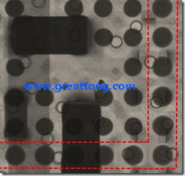 BGA錫球尺寸小于0.4mm，采用降低BGA內(nèi)圍襲球的錫膏量所得到X-Ray，稍微留意一下可以發(fā)現(xiàn)最外圈的錫量(圓的直徑)比其他內(nèi)圍的錫球上的錫量來(lái)得多一點(diǎn)點(diǎn)。也就是外圈的黑色圓形直徑比內(nèi)圈的圓形來(lái)得大一點(diǎn)點(diǎn)。