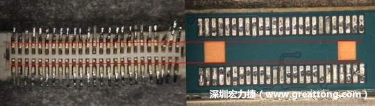 把板對板連接器與其電路板的佈線焊墊作一個比較，端子的切斷面有毛邊的地方剛好對到了裸銅區(qū)。