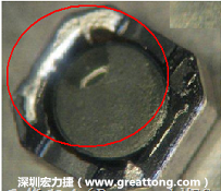 使用錫(Sn)鍍層的電源電感器(Power Inductors)，經(jīng)過(guò)推力測(cè)試后，其焊點(diǎn)還保留在零件的端點(diǎn)上，所以推力比較高。