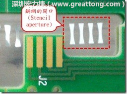 這個(gè)HotBar(熱壓熔錫焊接)吃錫的設(shè)計(jì)已經(jīng)對(duì)了一半，在印刷錫膏的時(shí)候在焊墊的中間位置減少錫膏，如果治具的設(shè)定正確的話，熱壓頭(thermode)要壓在焊墊中間的位置，焊錫的印出來(lái)結(jié)果如下面右圖所示。