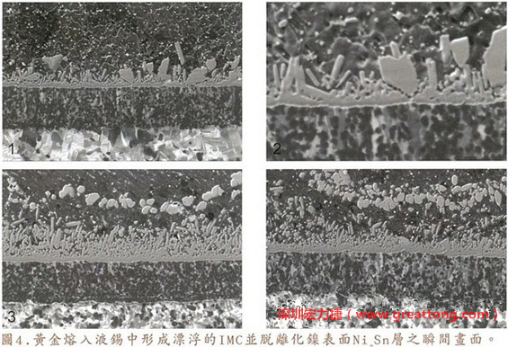 下面四張圖片為放大4500倍的SEM圖像，說明在回流焊爐熱量不足的情況下，黃金成份正要從鎳層分離融入焊錫之中的瞬間，當(dāng)零件遭受外力沖擊的時(shí)候就極有可能從這一整排AuSn、、AuSn2或AuSn4的IMC處裂開。