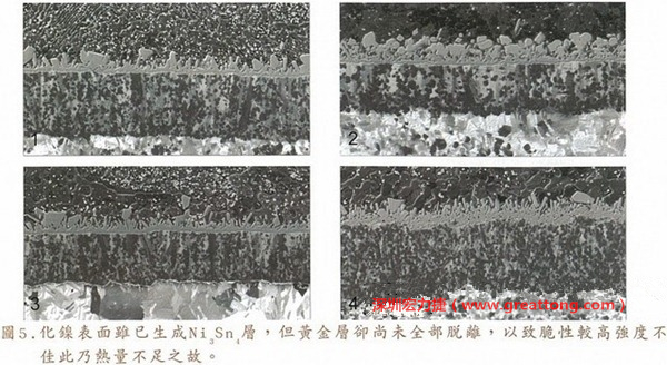 下面四圖顯示，當(dāng)焊接的熱量不足或未持續(xù)時(shí)，雖然Ni3Sn4的薄薄IMC層已經(jīng)生成而焊牢，但也會因?yàn)锳uSn及AuSn2還未來得及逸走，而停留在共金介面附近，當(dāng)有外力拉扯的時(shí)候，就很容易斷裂開來。這就是為何ENIG的焊點(diǎn)強(qiáng)度，始終不如銅面焊點(diǎn)(Cu6Sn5)來得更為牢固的主因之一。