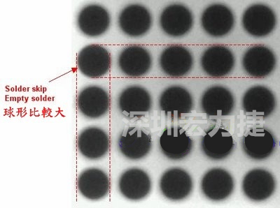 現(xiàn)在我畫幾條直線你再看看是否有發(fā)現(xiàn)那一顆BGA的錫球比較大，有空焊的可能？
