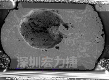 錫球氣泡大到足以影響到焊接的品質(zhì)，下圖是錫球切片后的剖面，可以很明顯看到氣泡已經(jīng)有錫球的 1/3 大了