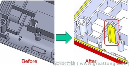 既然知道可能的問題出在電路板變形量過大，于是在電路板上黏貼應力計(Stress Gauge)然后先量測未改善前的應力數(shù)據(jù)。改善方法是在BGA的附近新增機溝肋柱(rib)來頂住電路板以降低電路板在落下時的變形量。