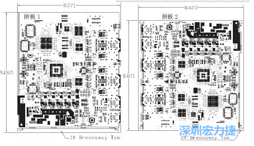 如圖7所示是使用不同數(shù)量邊條的拼板，拼板1僅使用了一個邊條，直接利用PCB另一邊作為SMT工藝傳送邊，并且PCB圖形中有合適的安裝孔；而拼板2則是按常規(guī)設(shè)計了兩個邊條。拼板方式為連接筋。圖中“Breakaway Tab”指邊條-深圳宏力捷