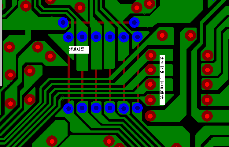 PCB設(shè)計(jì)焊點(diǎn)過密，易造成波峰連焊，焊點(diǎn)間漏電