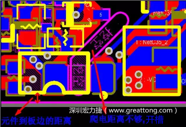 如果碰到模塊PCB空間有限，爬電距離不夠，可以采用開槽的方式