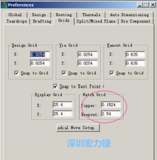  改銅皮的填充網(wǎng)格Global→Design Units，填充方向Drafting→Direction；Hatch Grid中Copper此數(shù)值為大銅箔中所填充的線條中心到中心的距離。