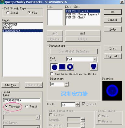 分析文件完成后，點擊菜單Setup→Pad Stacks調(diào)出焊盤堆設(shè)置窗口，將Pad Stack Type改為Via