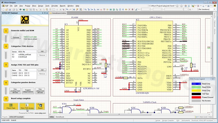 XJTAG DFT Assistant的Access Viewer模式可以清楚地顯示可用的測試存取層級，讓電路板設(shè)計(jì)人員在展開PCB布局以前的原理圖擷取階段盡可能地提高測試存取能力