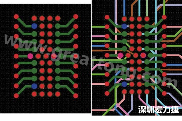 圖7：焊盤內(nèi)過(guò)孔用于內(nèi)部，而外部接腳在0.5mm閘格上扇出。圖7a顯示的是頂層(左)；圖7b顯示頂層和內(nèi)部布線層(右)。