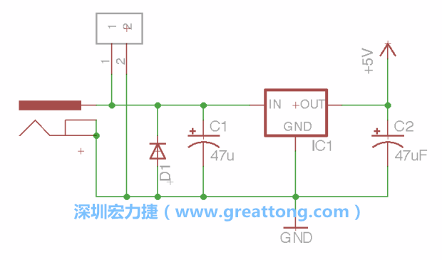 2.5.    新增一個二極體，它會以水平的狀態(tài)出現(xiàn)在屏幕上，請使用「旋轉(zhuǎn)（Rotate）」工具把它負(fù)極那一面朝上，并且用「網(wǎng)絡(luò)連接」工具將它連接在電壓調(diào)整器的輸入端和接地端之間。