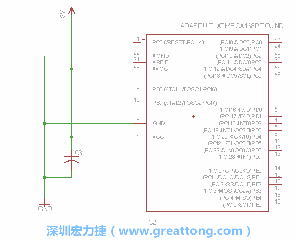 3.1.    新增微控制器晶片（RBBB → ATmega），把它放在電路原理圖的中央附近，把它的兩個接地接頭連接到接地訊號端。