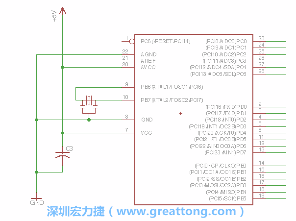 3.2.    在靠近ATmega的電源供應針腳7的位置放置一個0.1μF的電容，將它分別連接電源、接地端和針腳7。