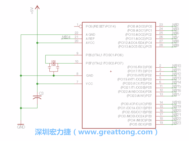 3.3.    將共鳴器（resonator）放置在針腳9和針腳10附近，將它的三個針腳連接如圖所示，并確認最中間的針腳有連到接地端。