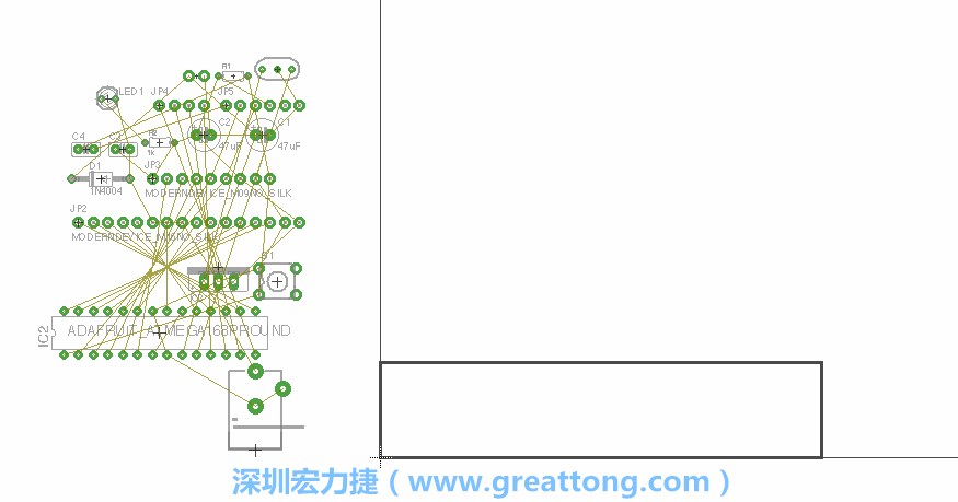 第一次執(zhí)行布線編輯器時(shí)，你會(huì)發(fā)現(xiàn)有兩個(gè)區(qū)塊，左邊的區(qū)塊非?；靵y，而右邊的區(qū)塊則是一個(gè)長(zhǎng)方形的工作區(qū)域，EAGLE免費(fèi)版會(huì)限制你的工作區(qū)域在4” x 3.2”的范圍內(nèi)，如果你試圖將元件擺放在工作區(qū)外的話，就會(huì)跳出警示訊息。
