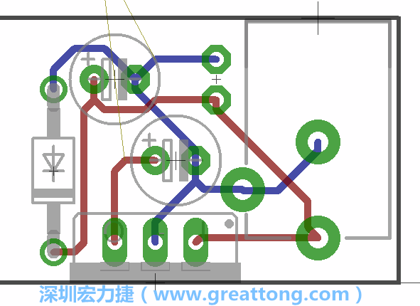 接地連結(jié)點(diǎn)的布線情形如下圖所示，利用這個(gè)練習(xí)來避免電路連線銳角化的產(chǎn)生是一個(gè)不錯(cuò)的選擇，你可以在工具列中的彎曲線路（Wire Bend）選項(xiàng)里改變各種布線的變化。