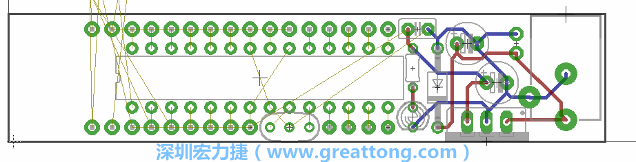 將ATmega微控制器、三個(gè)GPIO排針（JP2, JP3, JP4）和諧振器（resonator）排置如上圖所示。