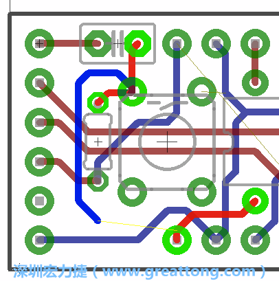 要在電路板正面進(jìn)行+5V信號(hào)線連結(jié)和其他連結(jié)點(diǎn)的布線工作是非常容易的，而重置信號(hào)線（信號(hào)線用來連結(jié)電路板正面左邊的重置開關(guān)）需要經(jīng)過一個(gè)可以通過電路板正反兩面的電路通道，這個(gè)通道是一個(gè)可以讓電路板正反兩面線路連接的一個(gè)小孔。
