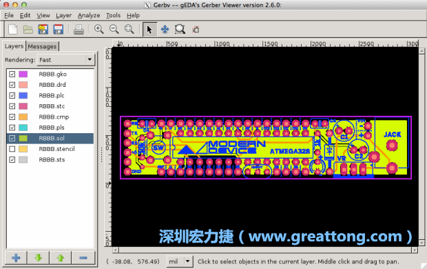 將圖層匯入你的Gerber預(yù)覽工具內(nèi)（下圖為Gerbv），我通常會(huì)從上到下重新排列它們的順序，好讓我比較好校對(duì)：