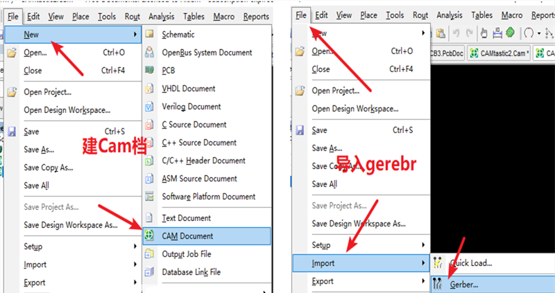 在File下新建 Cam檔，建后再File下導(dǎo)入Gerber文件，選擇所有文件導(dǎo)入gerber。